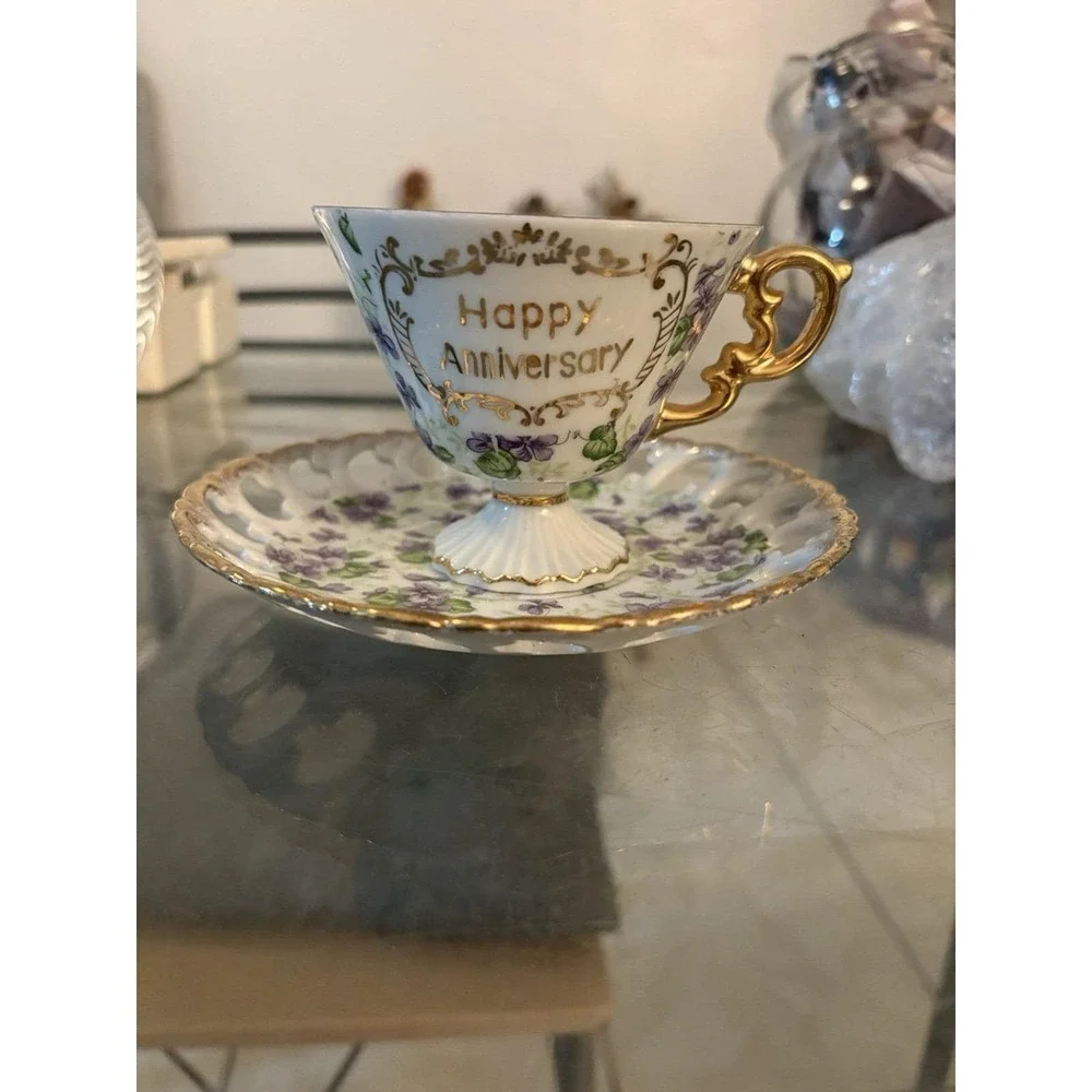 Vintage Lefton China Happy Anniversary Teacup Saucer Set Violets 2425 Japan